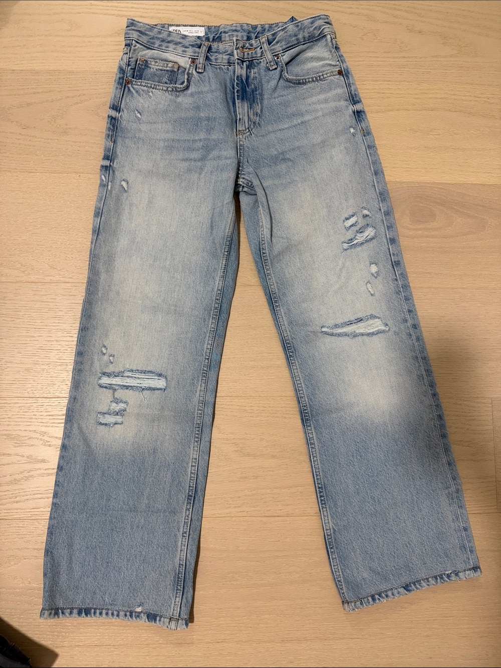 Zara Light Blue Straight Leg Distressed Jeans